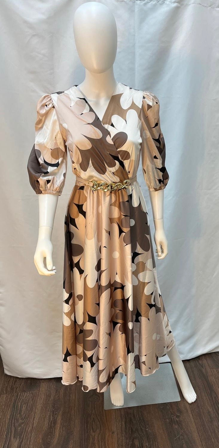 Brown and Beige Floral Fit and Flare Midi Dress