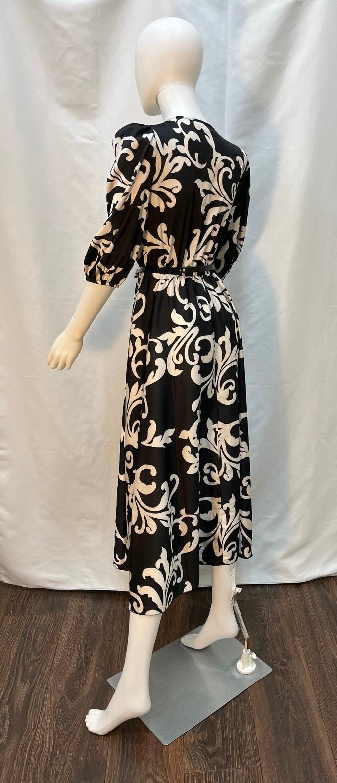 Black and White Floral Fit and Flare Midi Dress