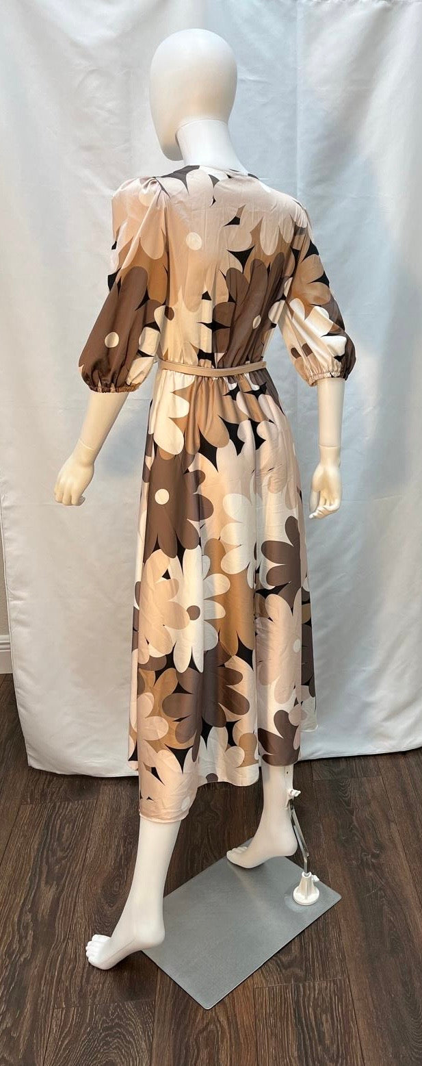 Brown and Beige Floral Fit and Flare Midi Dress