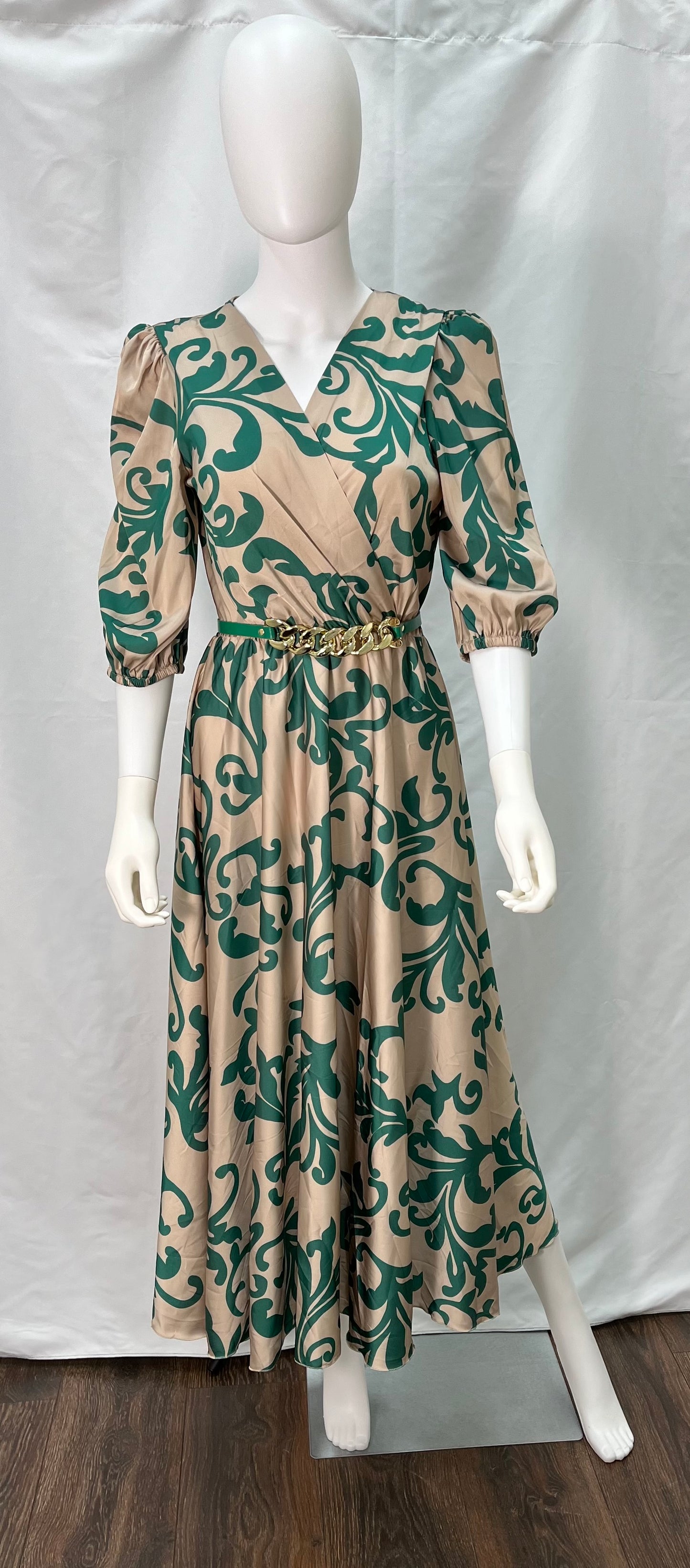 Green and Gold Fit and Flare Midi Dress