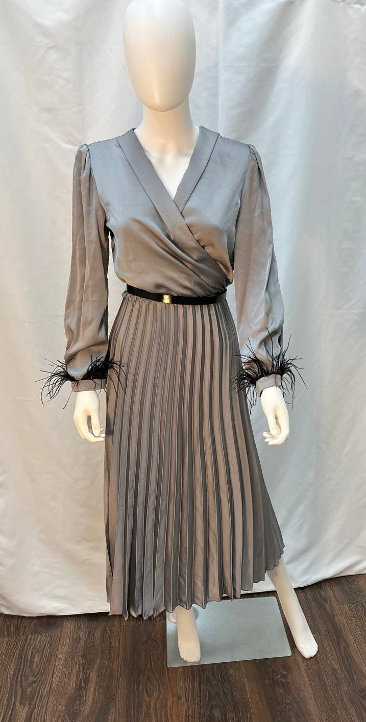 Silver Gray Pleated Fit and Flare Midi Dress