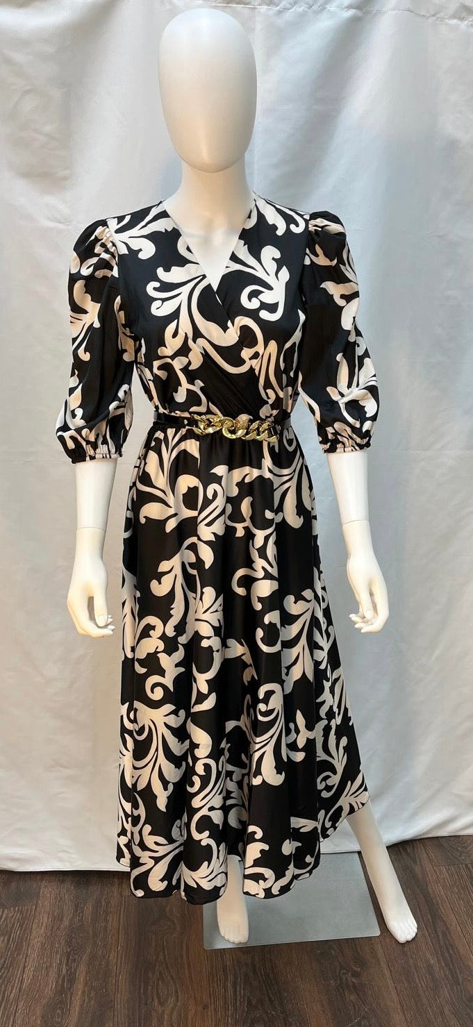 Black and White Floral Fit and Flare Midi Dress