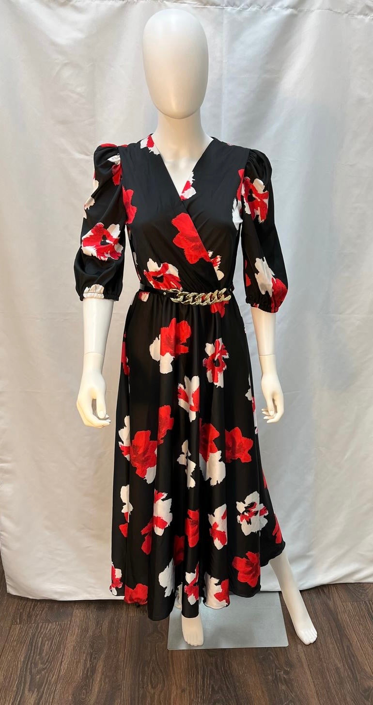 Black Fit and Flare Midi Dress with Red and White Roses