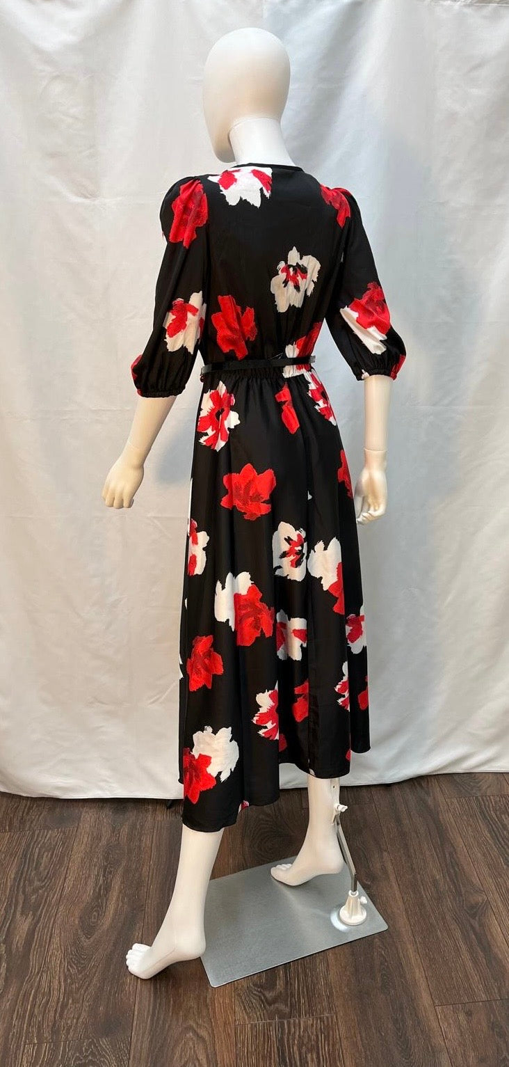 Black Fit and Flare Midi Dress with Red and White Roses