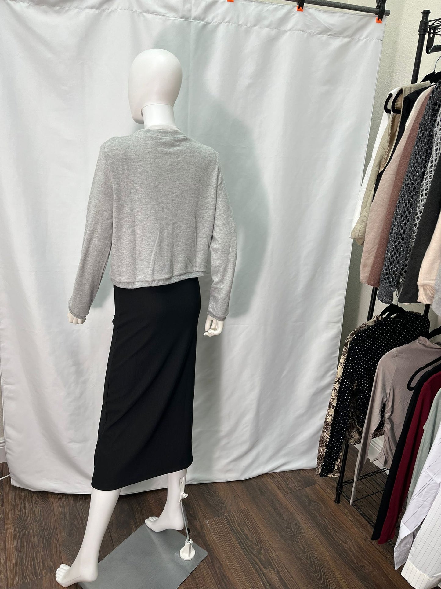 Cardigan with hem and cuff bands (available in light blue, light grey, and beige)