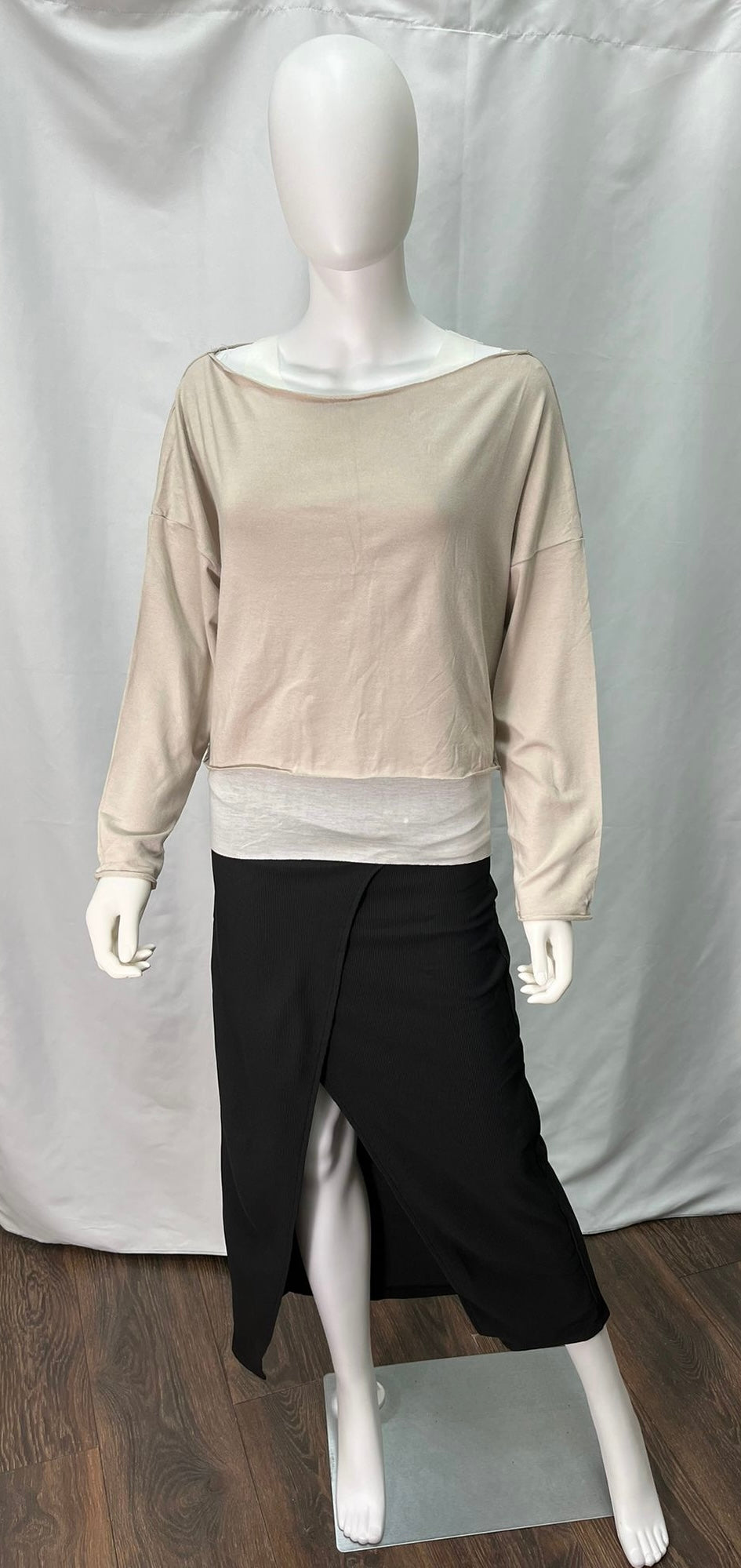 Layered Long Sleeve Shirt with White Tank Top (available in black and beige)