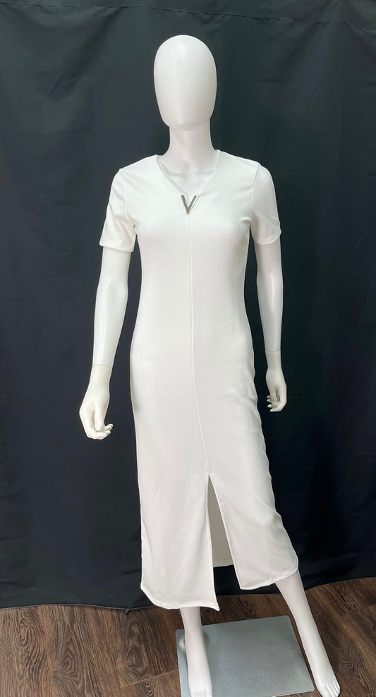 White Short Sleeve Dress with V-Neck