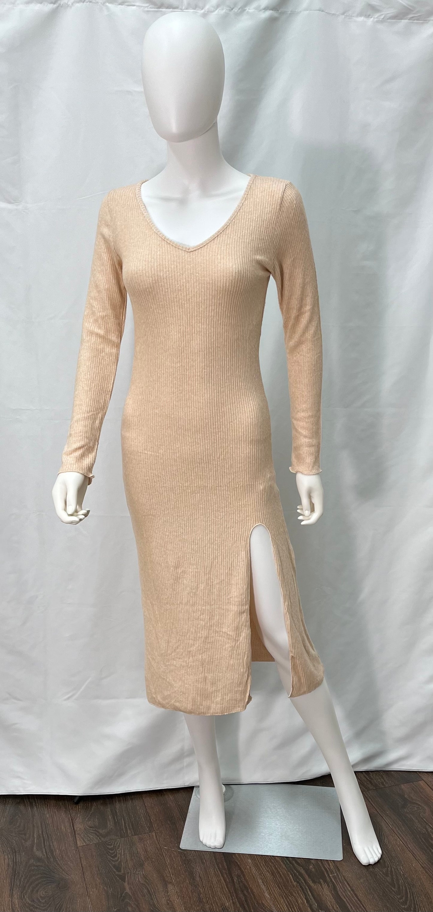 Knit dress available in beige, gray, and pistachio green