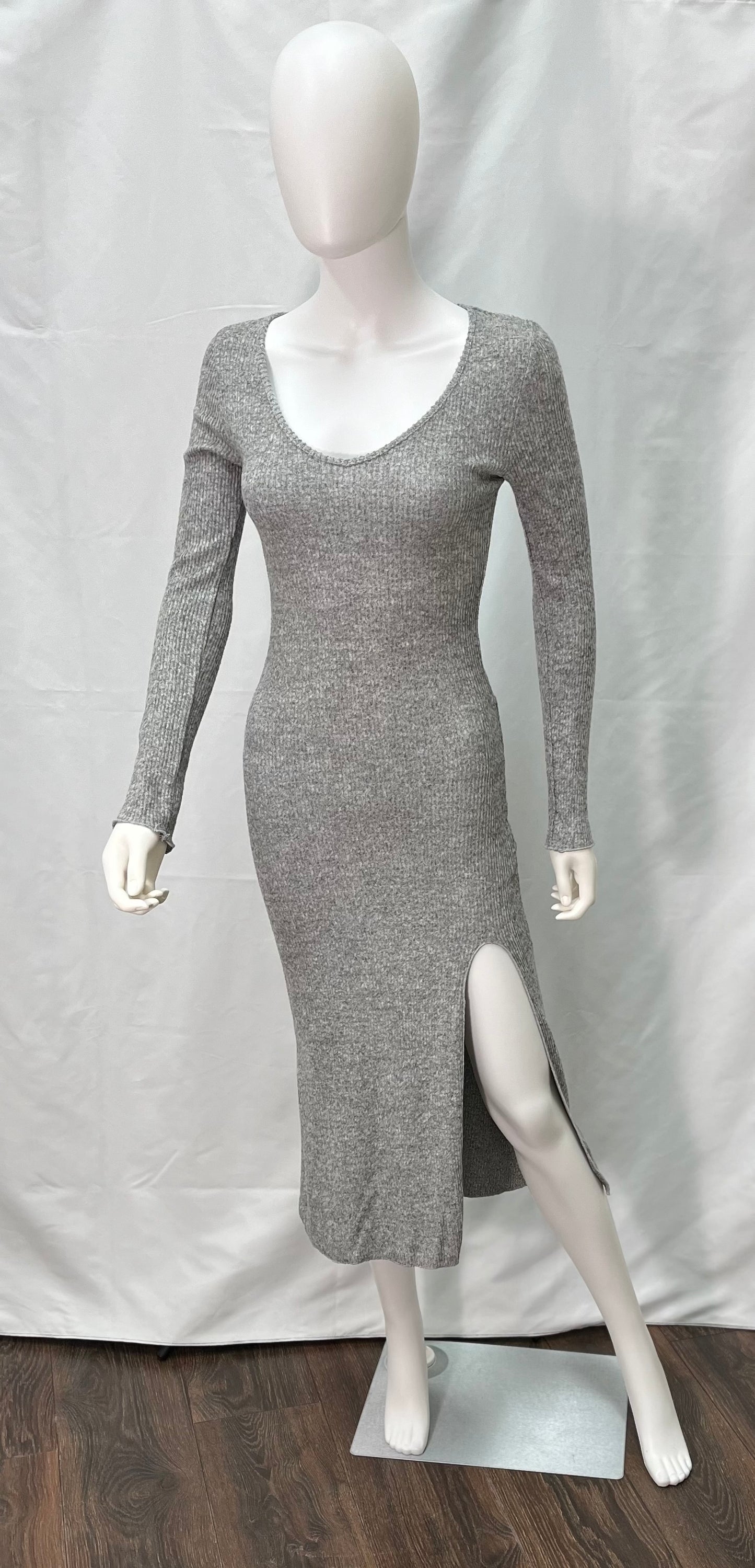 Knit dress available in beige, gray, and pistachio green