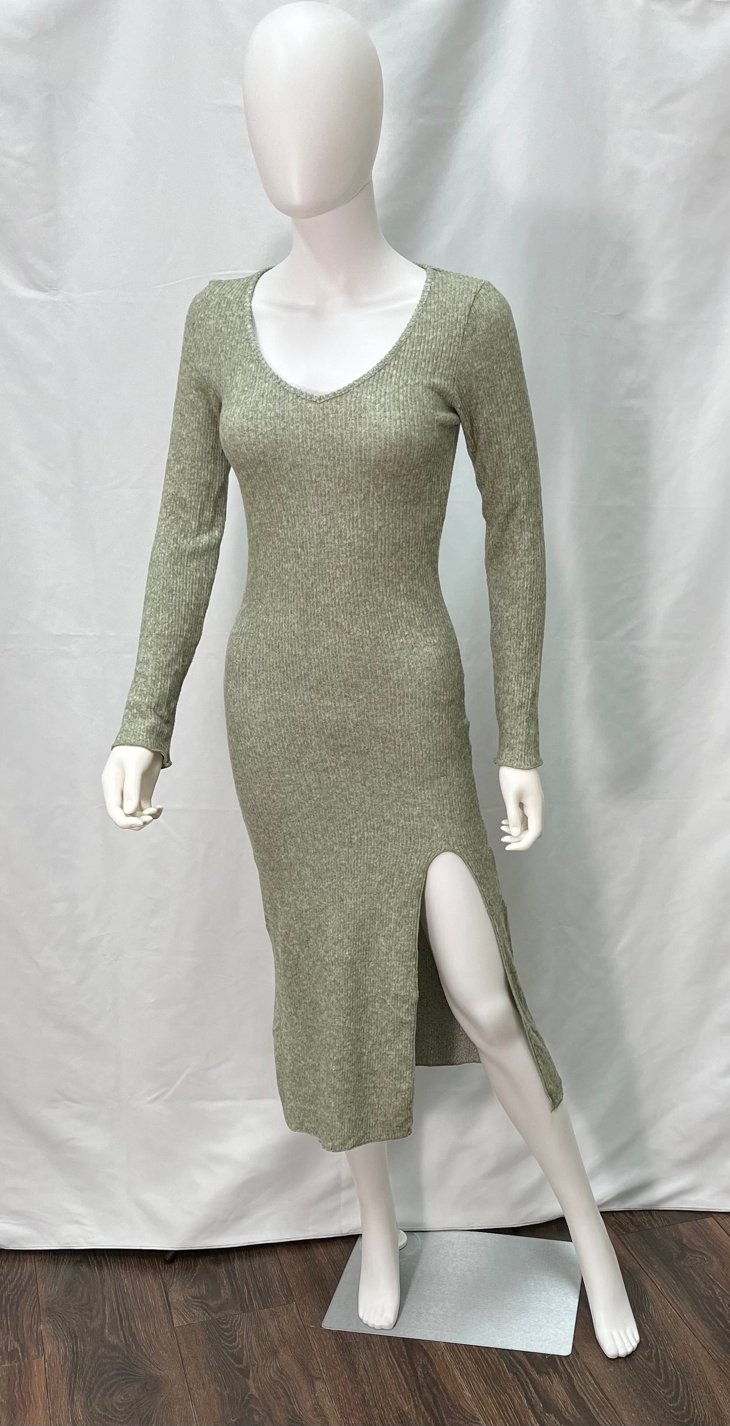 Knit dress available in beige, gray, and pistachio green