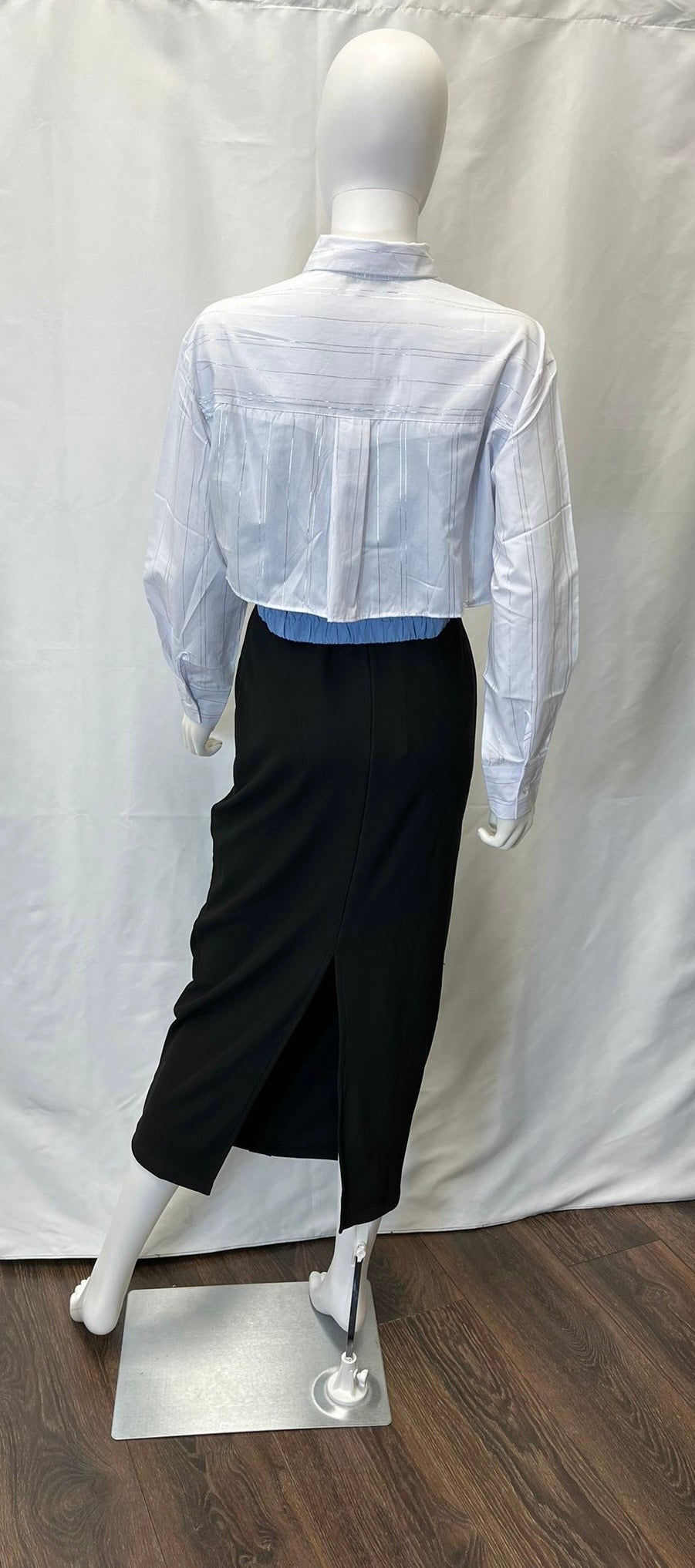 White Long Sleeve Blouse styled with thin Light Blue inside layer