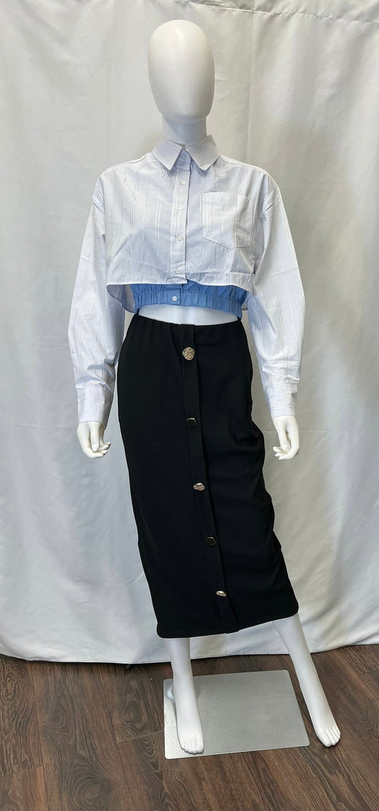 White Long Sleeve Blouse styled with thin Light Blue inside layer